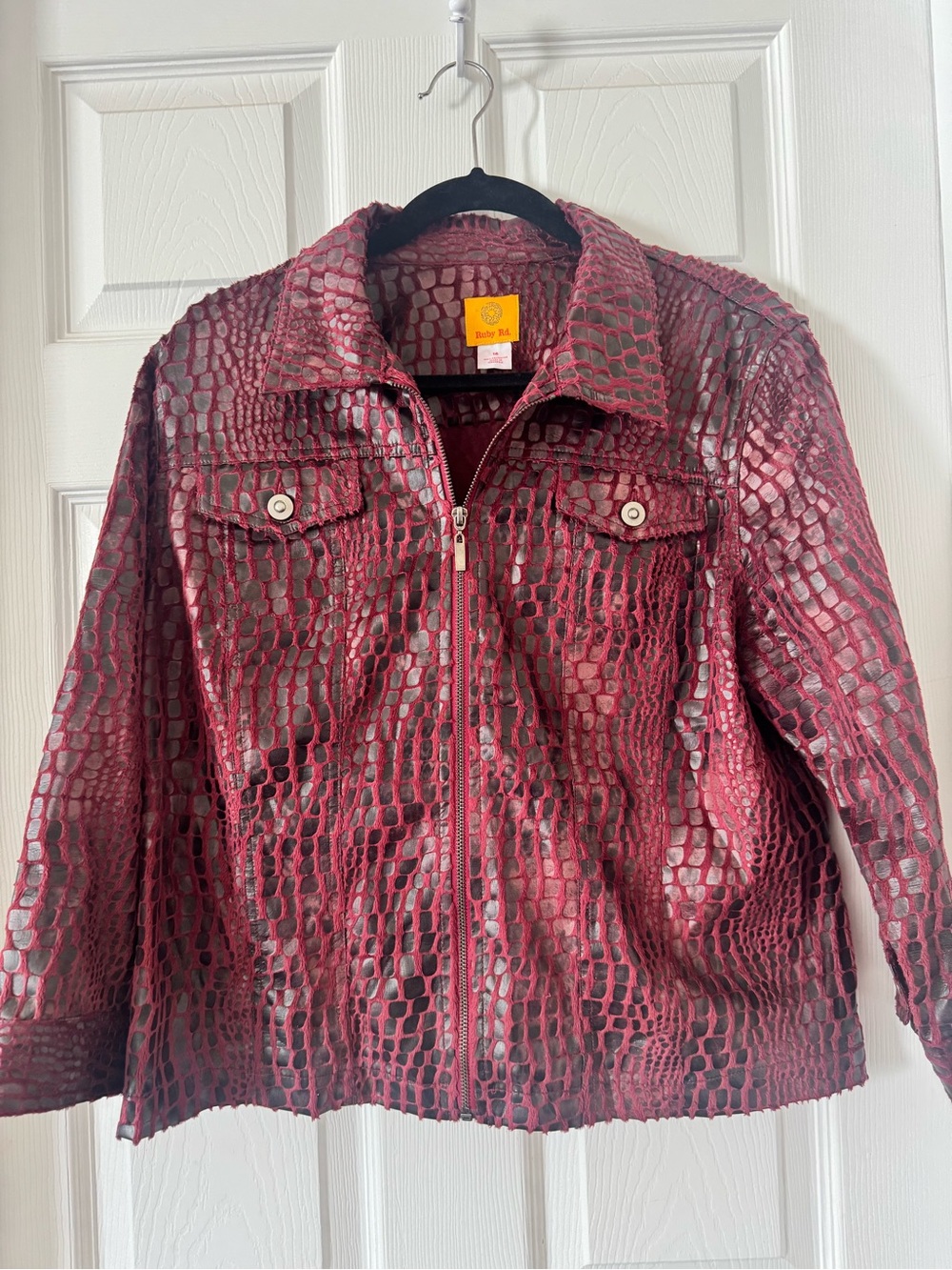Ruby Rd. Burgundy Croc-Embossed Zip-Front Leather Jacket